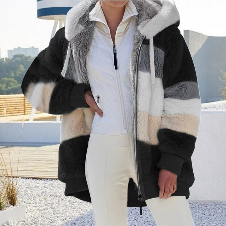 Teddy Jacket Womens Hooded Colour Block Zip Front Oversized - image 9