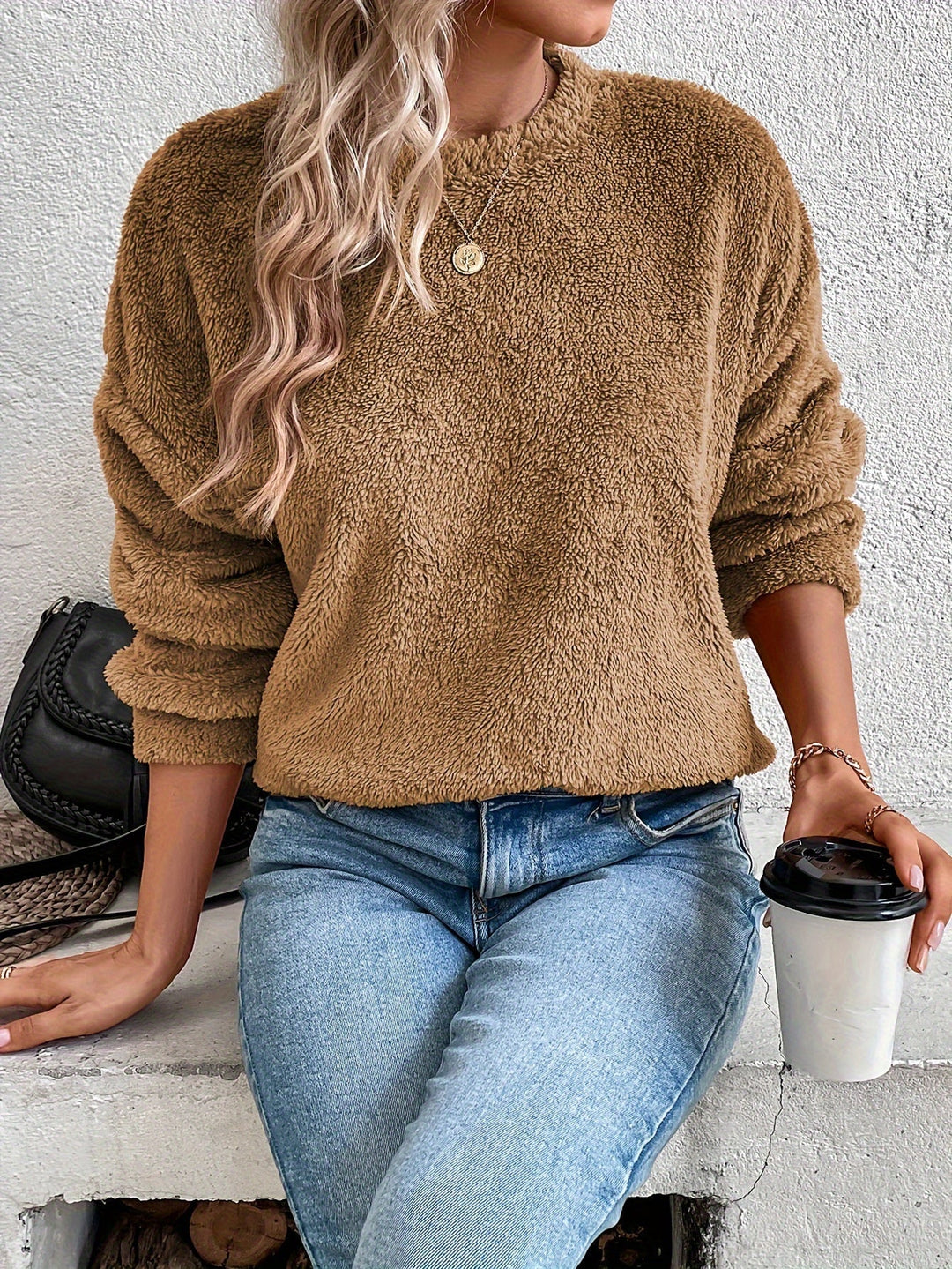 Fluffy Jumper Womens Crew Neck Long Sleeve Relaxed Fit - image 1