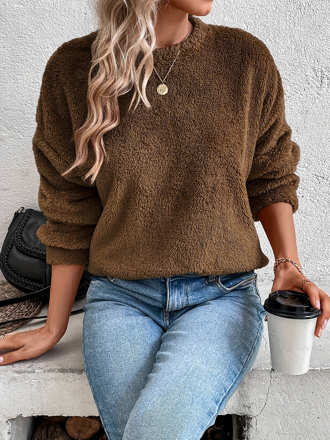 Fluffy Jumper Womens Crew Neck Long Sleeve Relaxed Fit - image 2