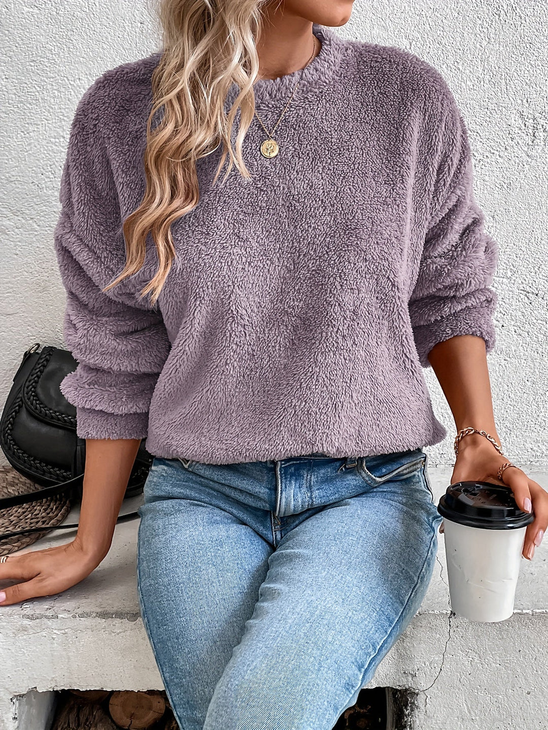 Fluffy Jumper Womens Crew Neck Long Sleeve Relaxed Fit - image 3