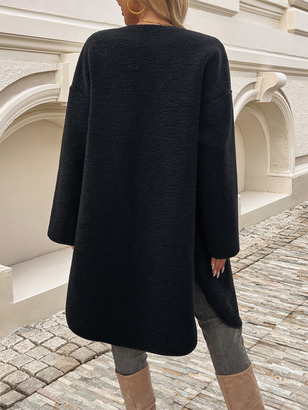 Teddy Coat Womens Long Borg Button Front Collarless Patch Pockets - image 10