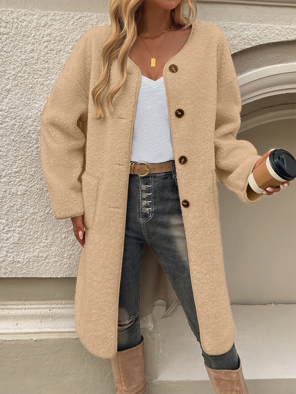 Teddy Coat Womens Long Borg Button Front Collarless Patch Pockets - image 11