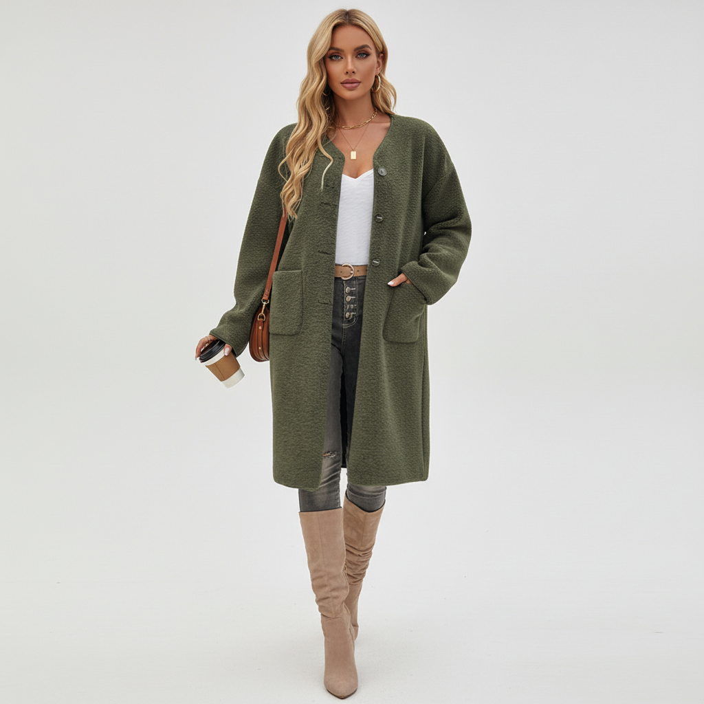 Teddy Coat Womens Long Borg Button Front Collarless Patch Pockets - image 2