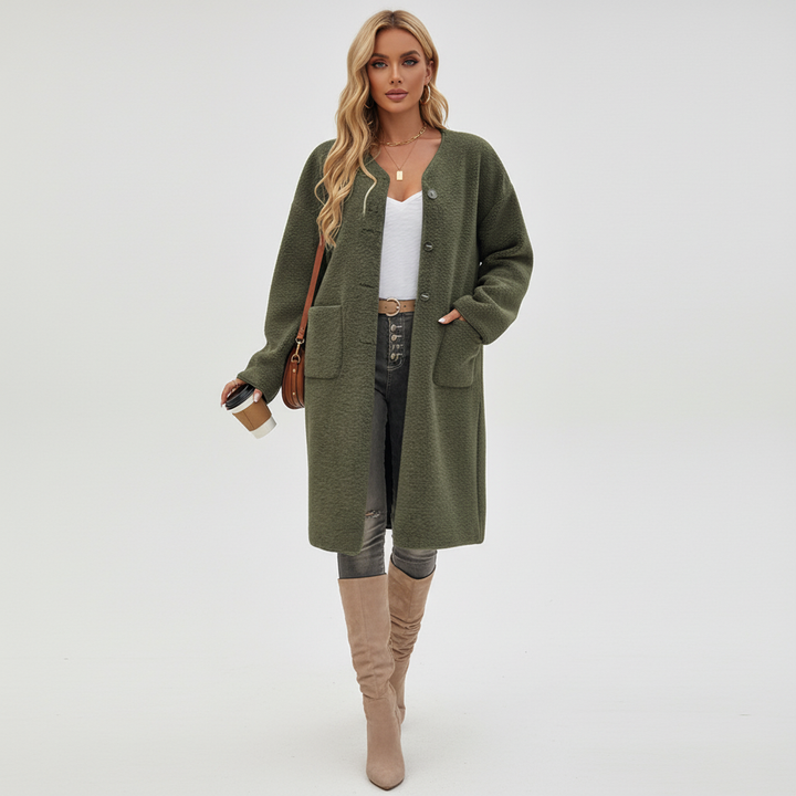 Teddy Coat Womens Long Borg Button Front Collarless Patch Pockets - image 2