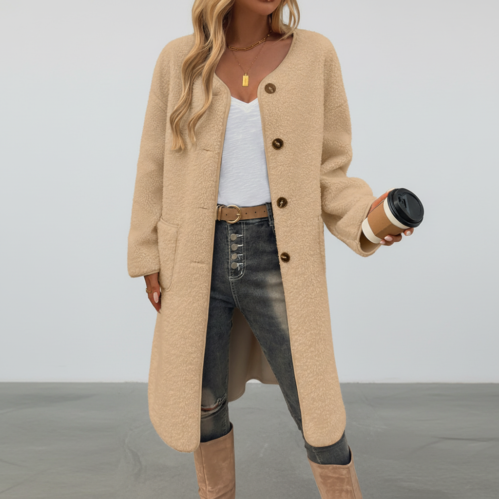 Teddy Coat Womens Long Borg Button Front Collarless Patch Pockets - image 3