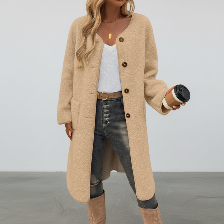 Teddy Coat Womens Long Borg Button Front Collarless Patch Pockets - image 3