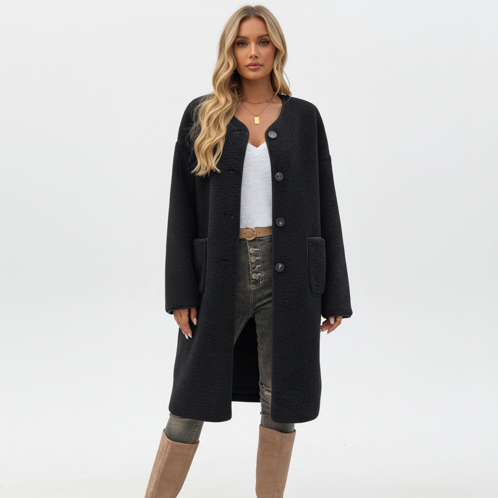 Teddy Coat Womens Long Borg Button Front Collarless Patch Pockets - image 4