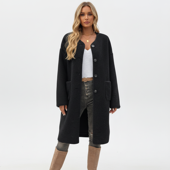 Teddy Coat Womens Long Borg Button Front Collarless Patch Pockets - image 4