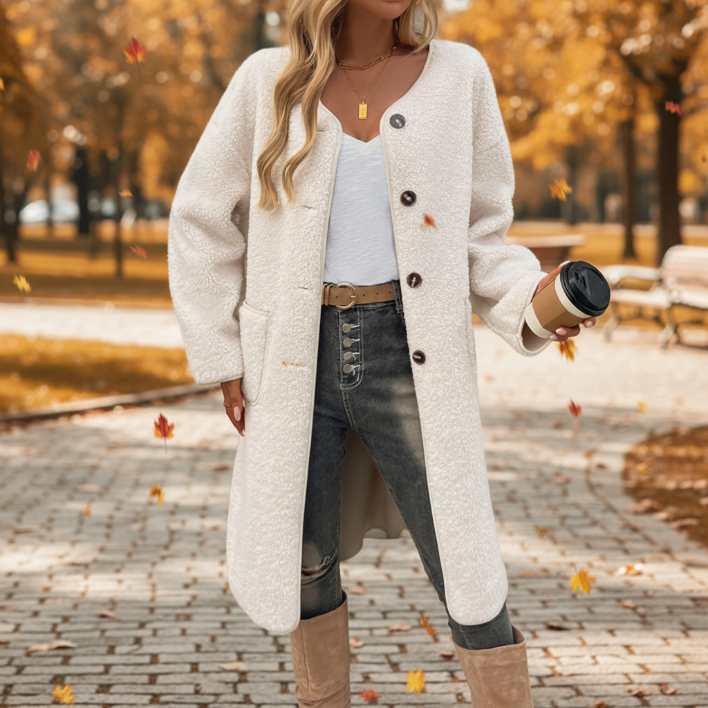 Teddy Coat Womens Long Borg Button Front Collarless Patch Pockets - image 5