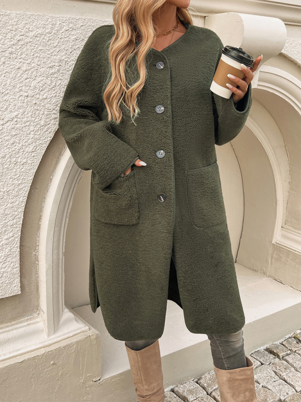Teddy Coat Womens Long Borg Button Front Collarless Patch Pockets - image 9