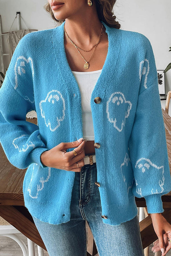 Ghost Cardigan Womens Halloween Knit V Neck Button Front Balloon Sleeves - image 1