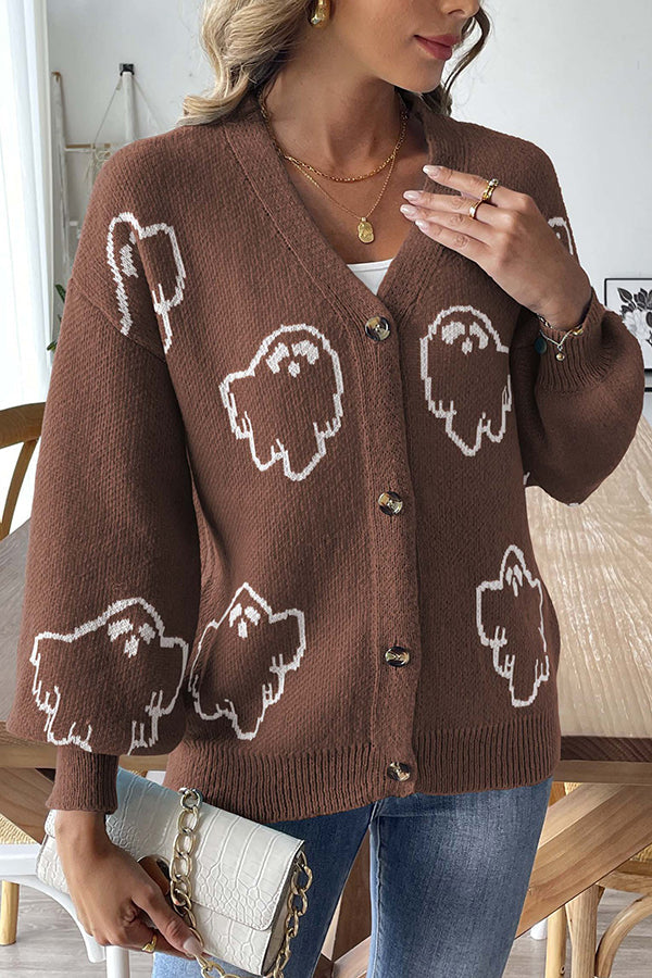 Ghost Cardigan Womens Halloween Knit V Neck Button Front Balloon Sleeves - image 10