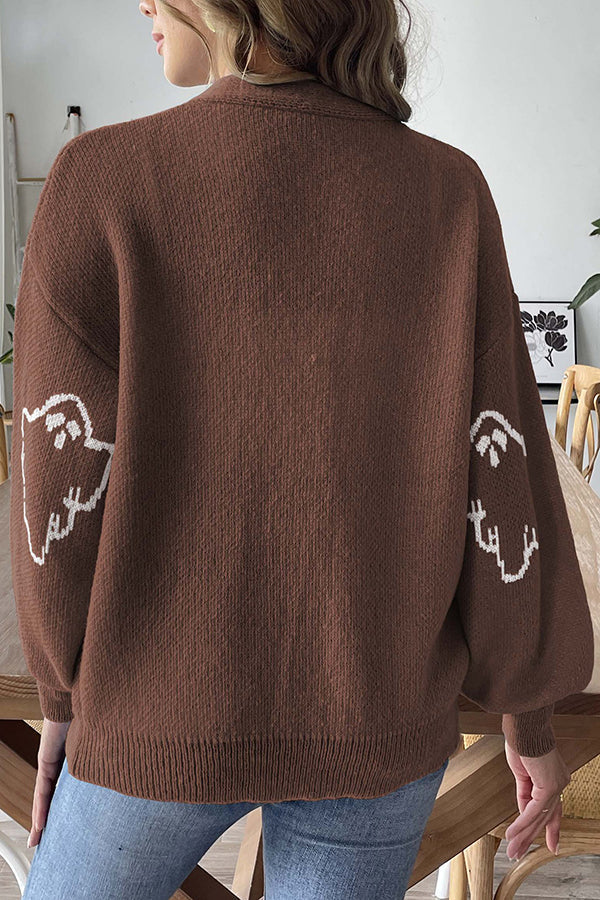 Ghost Cardigan Womens Halloween Knit V Neck Button Front Balloon Sleeves - image 11