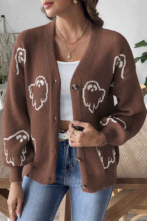 Ghost Cardigan Womens Halloween Knit V Neck Button Front Balloon Sleeves - image 2