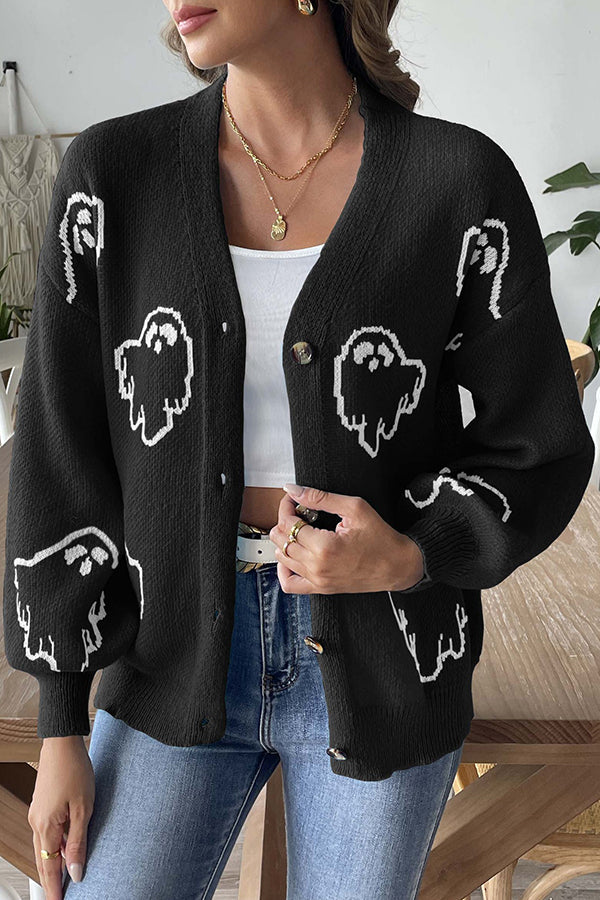 Ghost Cardigan Womens Halloween Knit V Neck Button Front Balloon Sleeves - image 3
