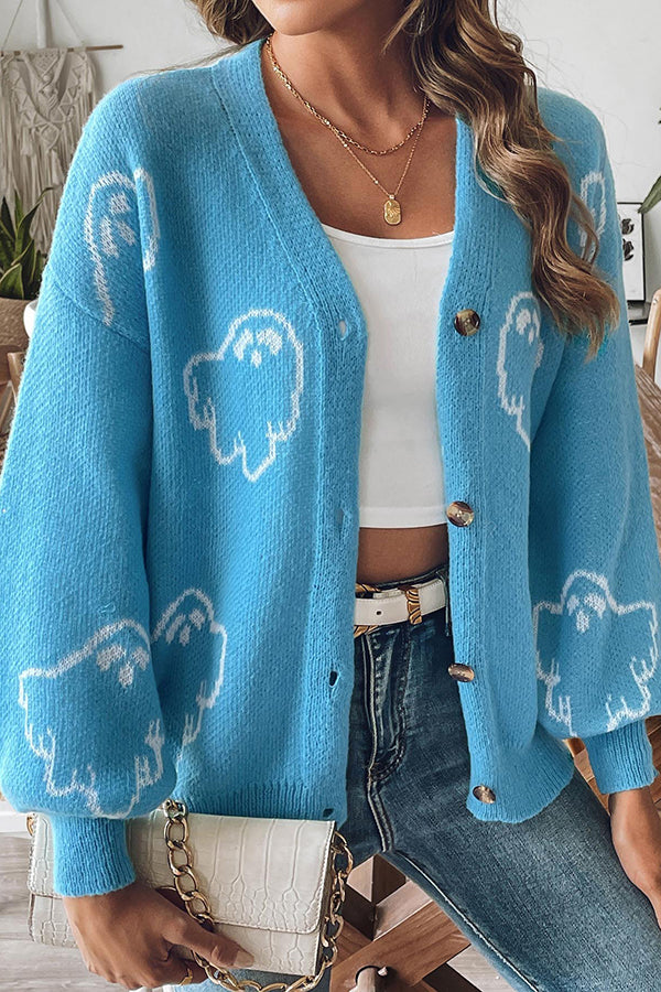 Ghost Cardigan Womens Halloween Knit V Neck Button Front Balloon Sleeves - image 4