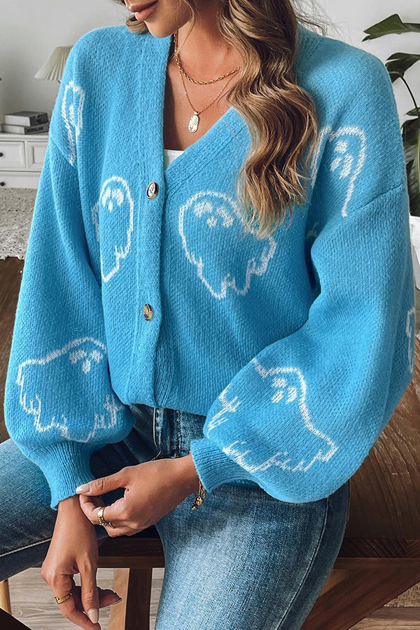 Ghost Cardigan Womens Halloween Knit V Neck Button Front Balloon Sleeves - image 5