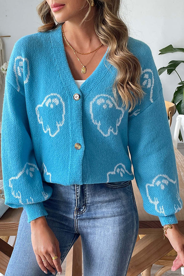 Ghost Cardigan Womens Halloween Knit V Neck Button Front Balloon Sleeves - image 6