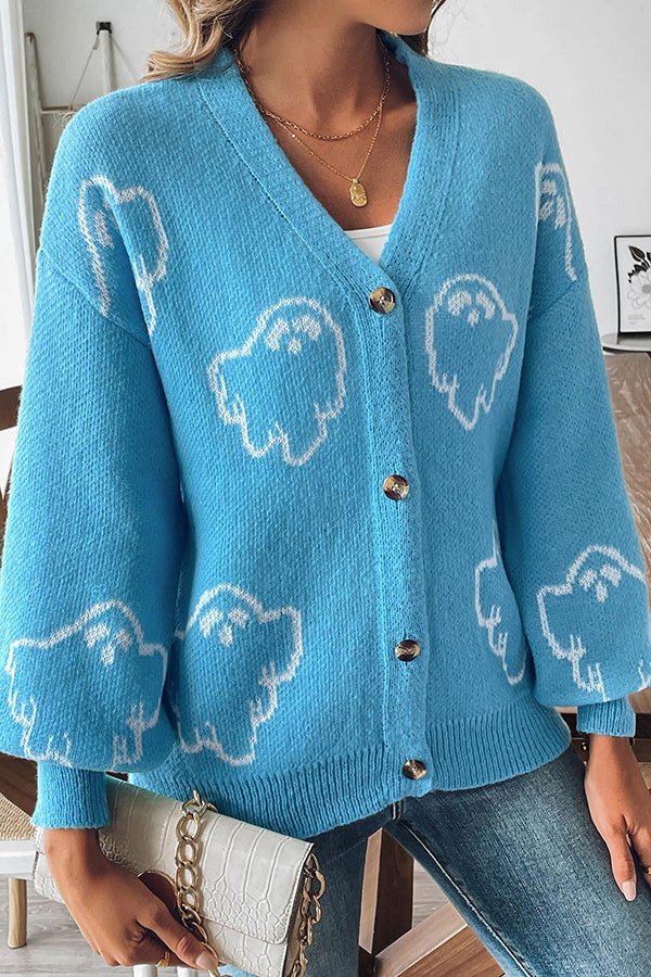 Ghost Cardigan Womens Halloween Knit V Neck Button Front Balloon Sleeves - image 7