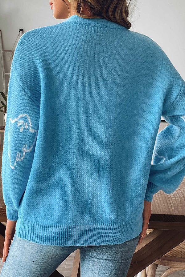 Ghost Cardigan Womens Halloween Knit V Neck Button Front Balloon Sleeves - image 8