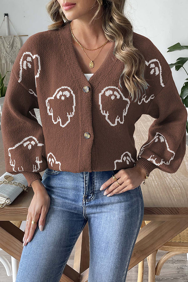 Ghost Cardigan Womens Halloween Knit V Neck Button Front Balloon Sleeves - image 9
