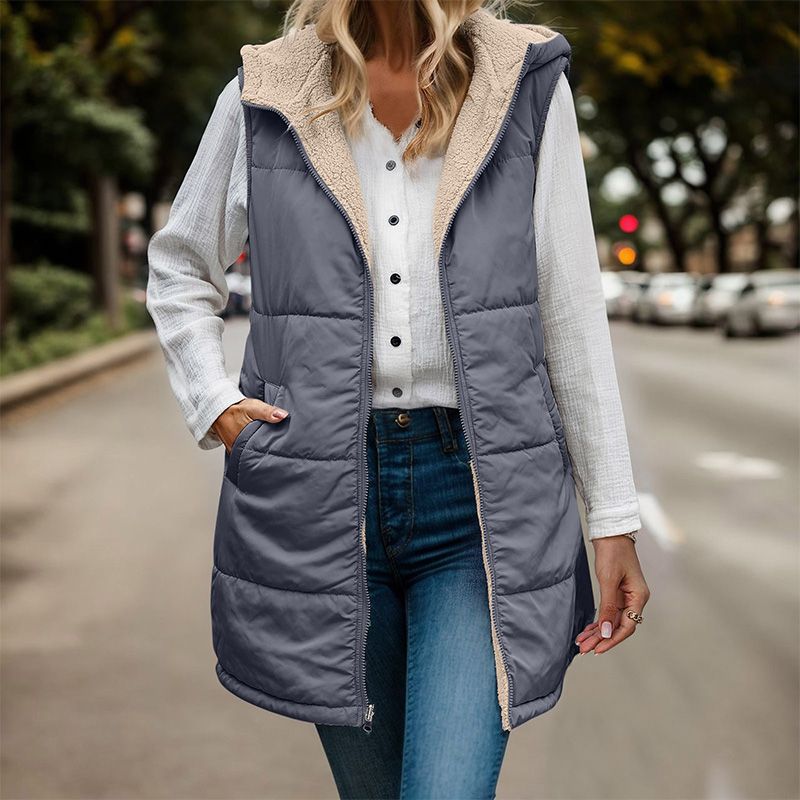 Long Gilet with Hood Womens Quilted Sherpa Lined Zip Front Pockets - image 2