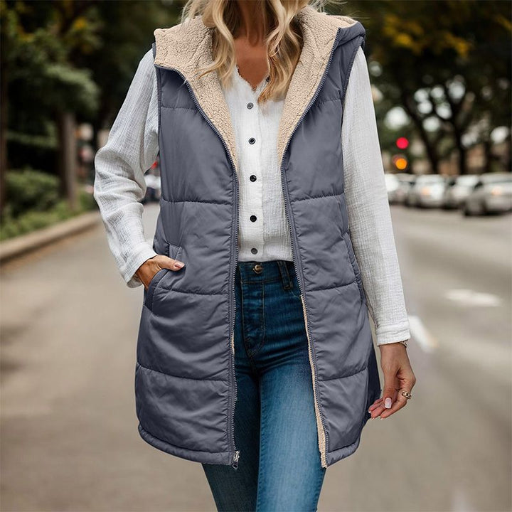 Long Gilet with Hood Womens Quilted Sherpa Lined Zip Front Pockets - image 2