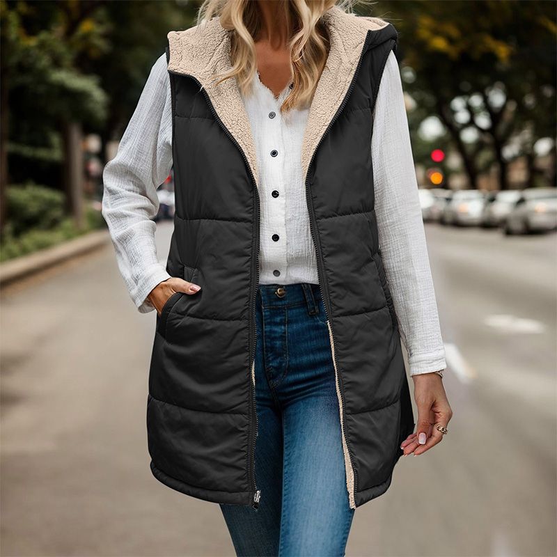 Long Gilet with Hood Womens Quilted Sherpa Lined Zip Front Pockets - image 3