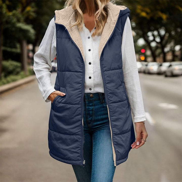 Long Gilet with Hood Womens Quilted Sherpa Lined Zip Front Pockets - image 4