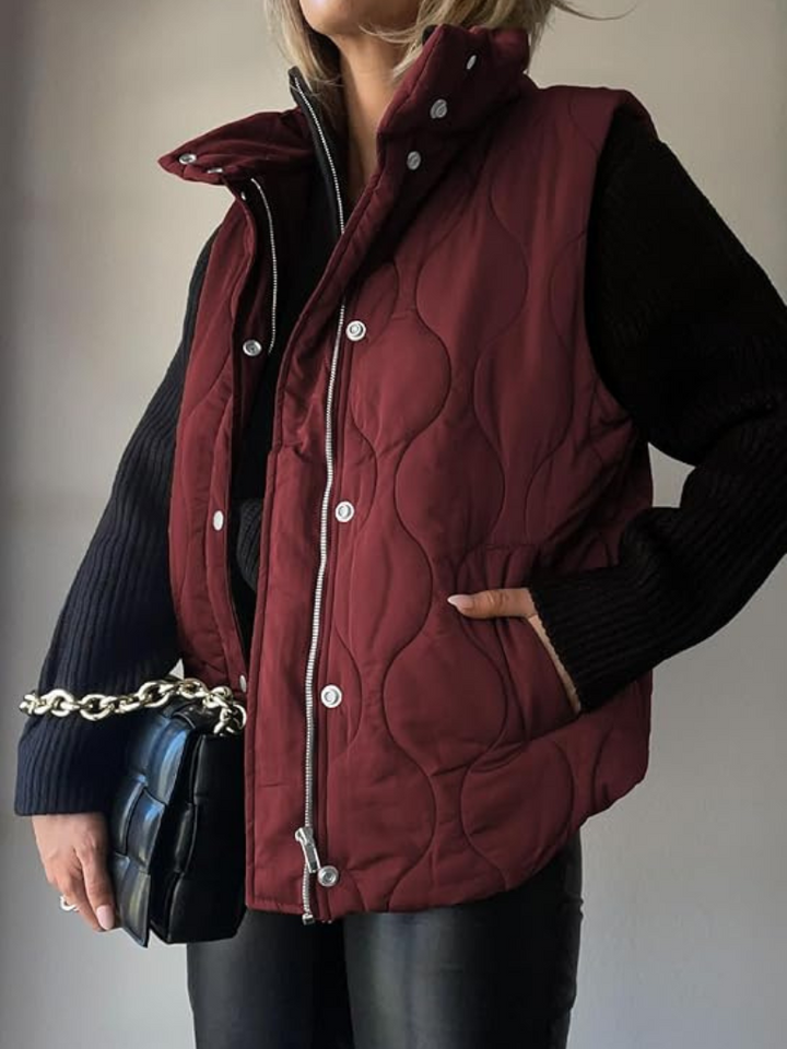 Quilted Gilet Womens Stand Collar Zip and Popper Front Side Pockets - image 1