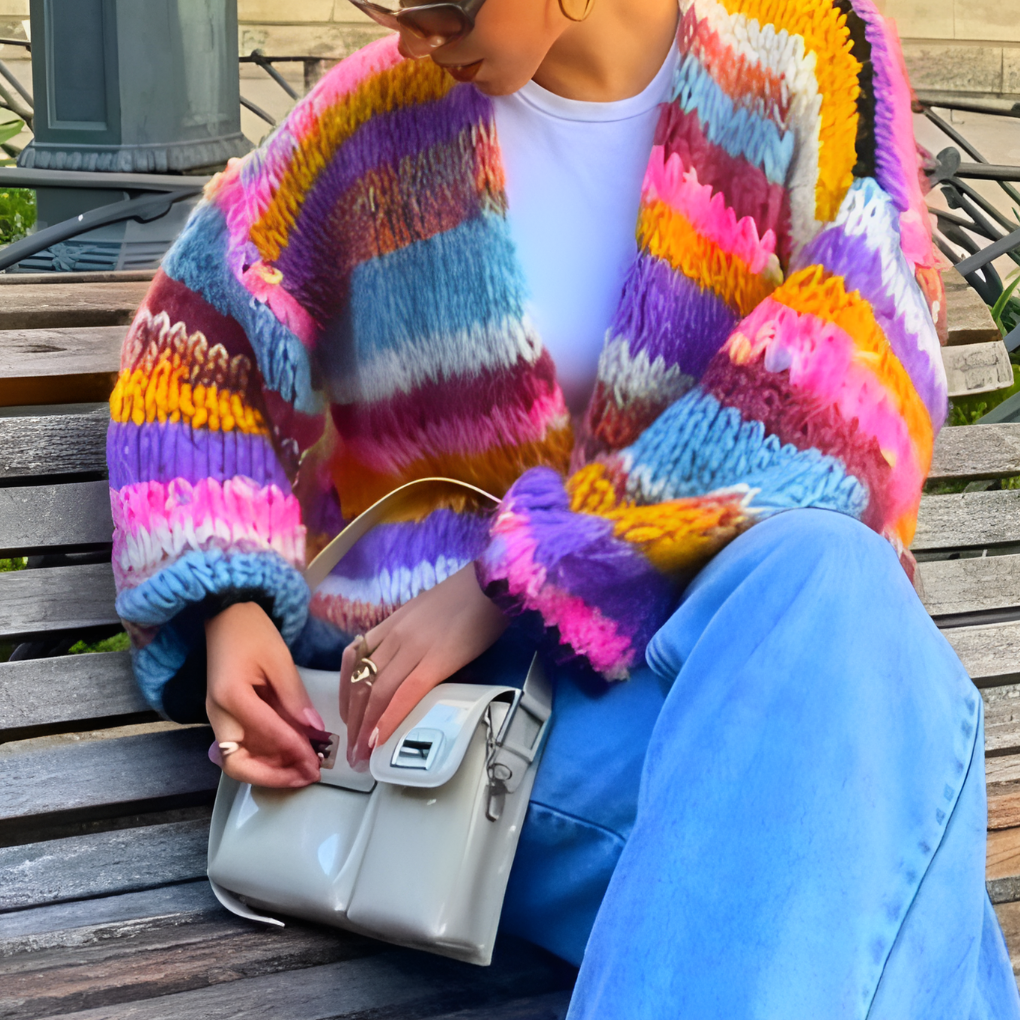 Striped Cardigan Womens Chunky Knit Open Front Balloon Sleeve - image 1