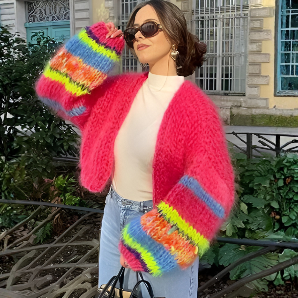 Striped Cardigan Womens Chunky Knit Open Front Balloon Sleeve - image 2