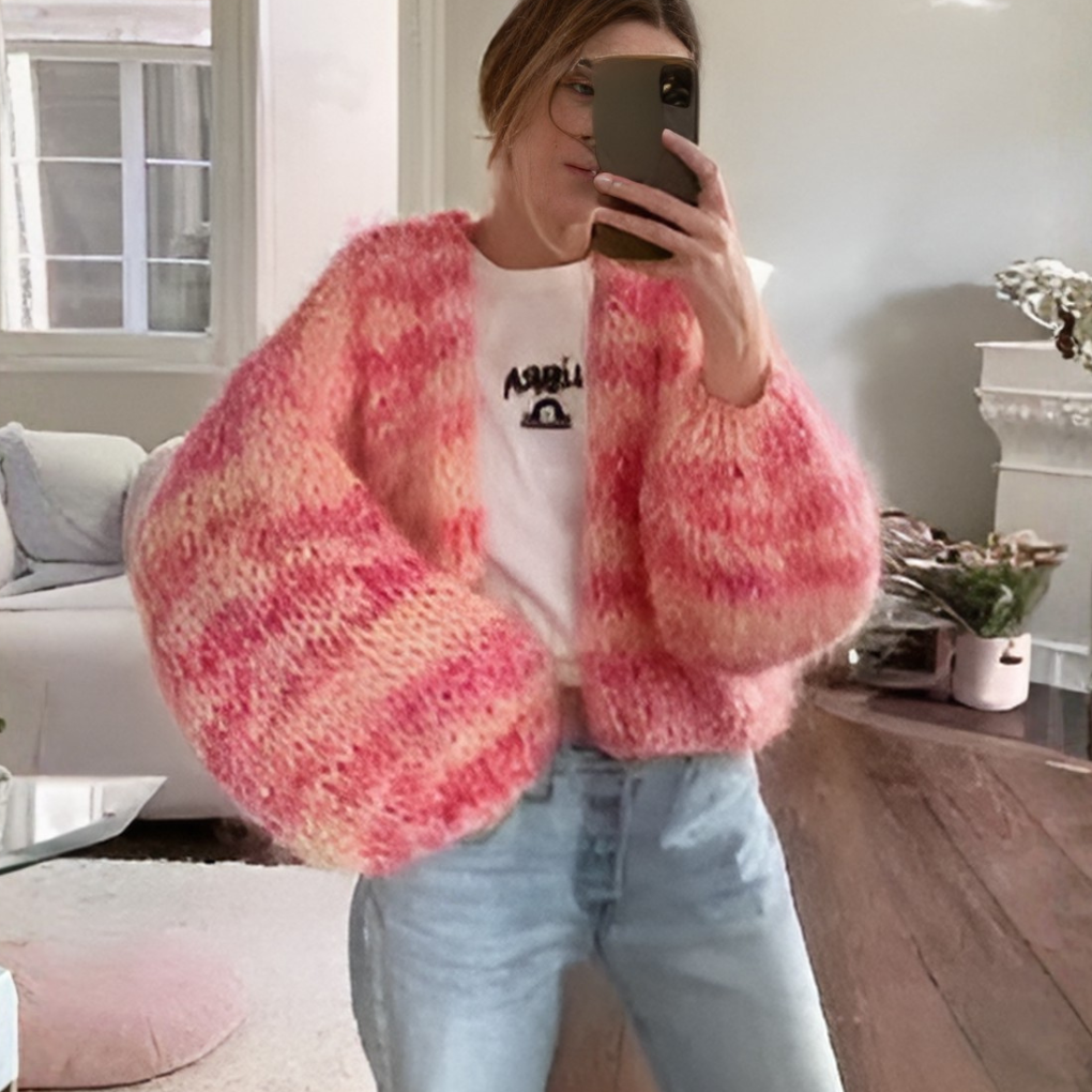 Striped Cardigan Womens Chunky Knit Open Front Balloon Sleeve - image 3