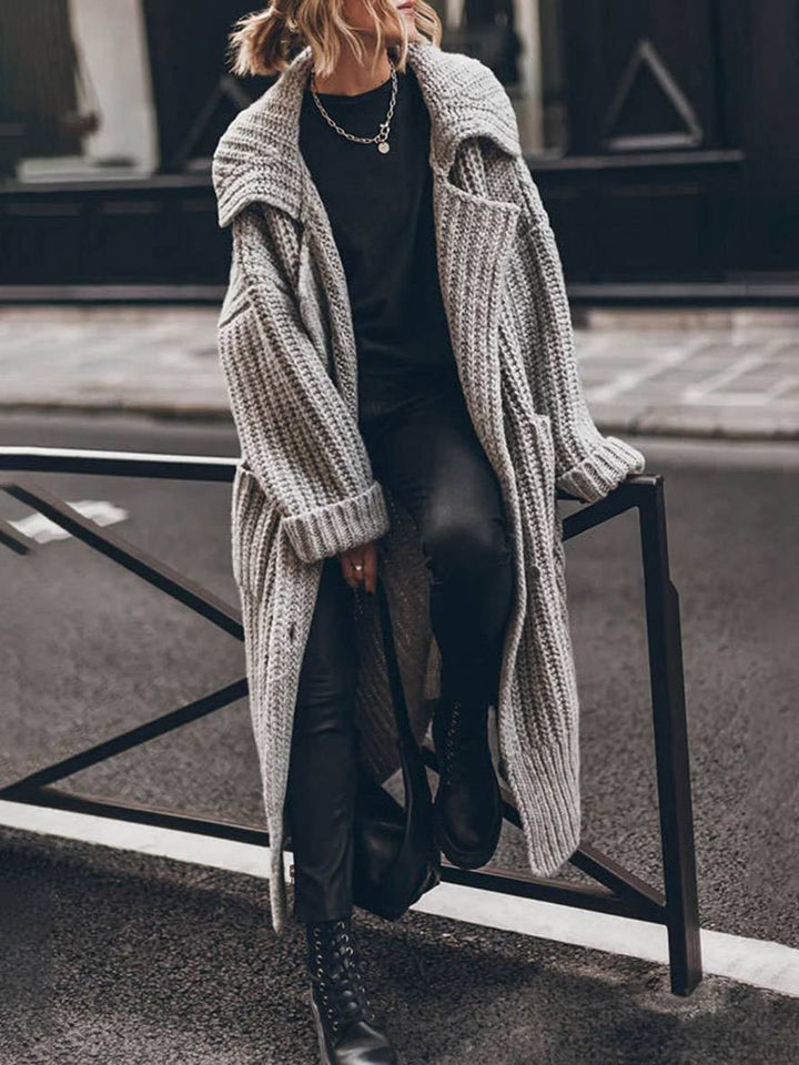 Chunky Knit Cardigan Coat Womens Long Open Front Notch Collar Pockets - image 1