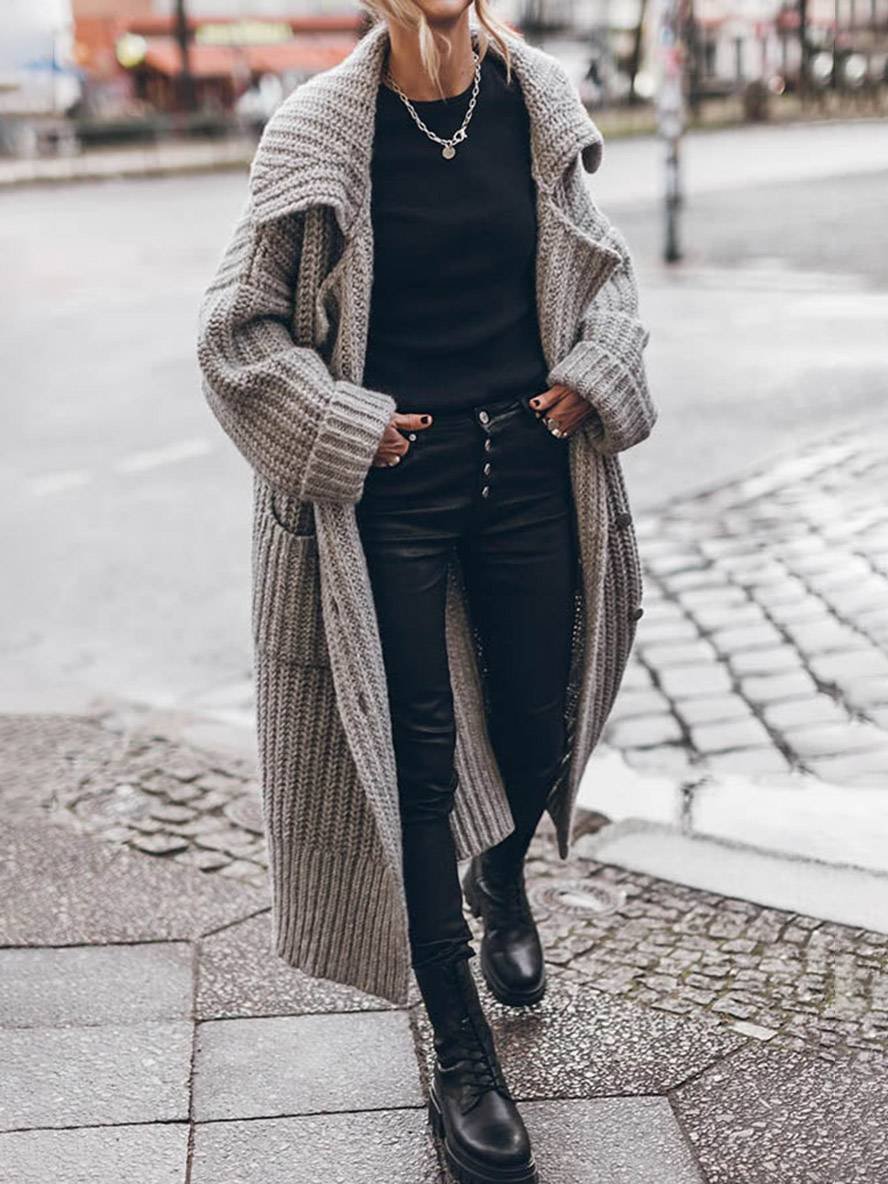 Chunky Knit Cardigan Coat Womens Long Open Front Notch Collar Pockets - image 3