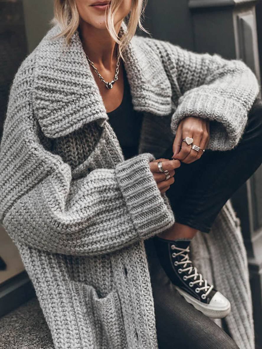 Chunky Knit Cardigan Coat Womens Long Open Front Notch Collar Pockets - image 6
