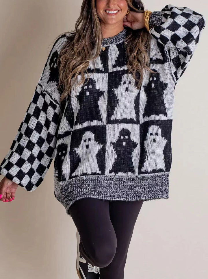 Halloween Jumper Womens Intarsia Knit Checkerboard Sleeves Oversized - image 1