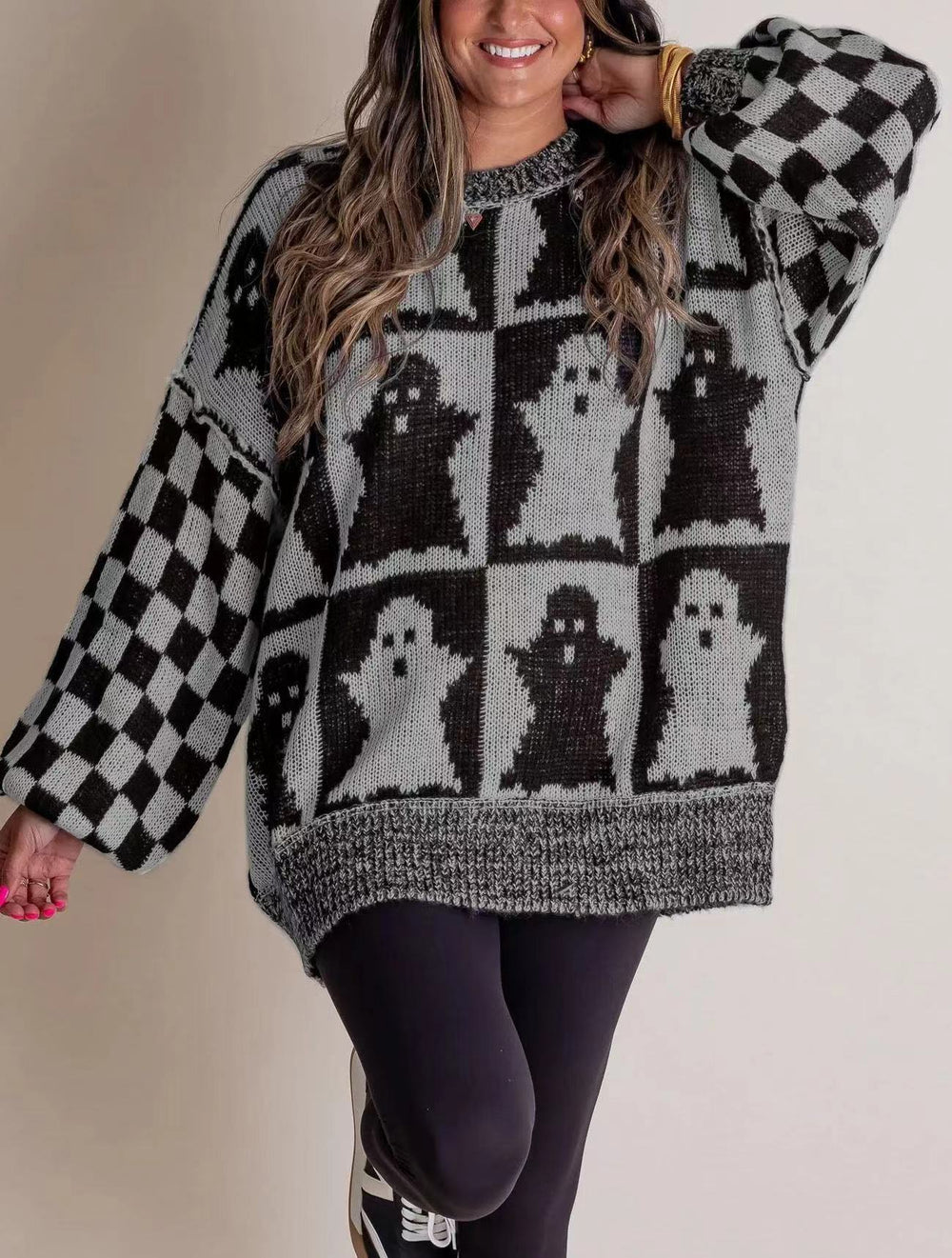 Halloween Jumper Womens Intarsia Knit Checkerboard Sleeves Oversized - image 2