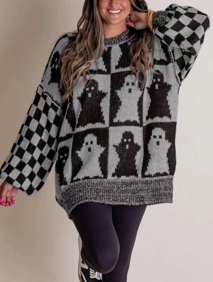Halloween Jumper Womens Intarsia Knit Checkerboard Sleeves Oversized - image 2