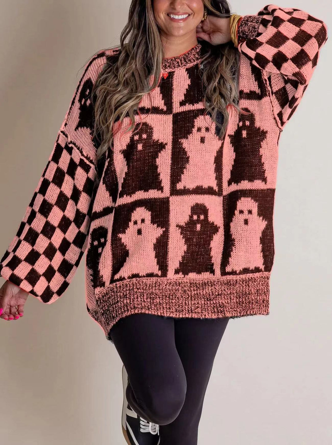 Halloween Jumper Womens Intarsia Knit Checkerboard Sleeves Oversized - image 3