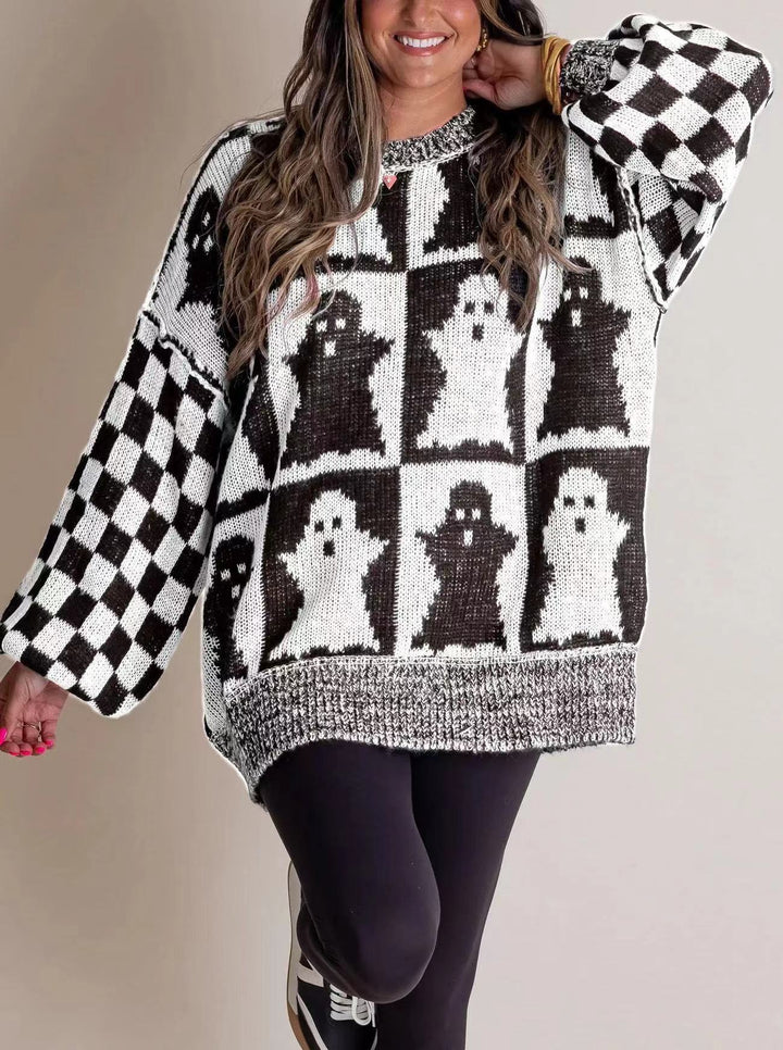 Halloween Jumper Womens Intarsia Knit Checkerboard Sleeves Oversized - image 4