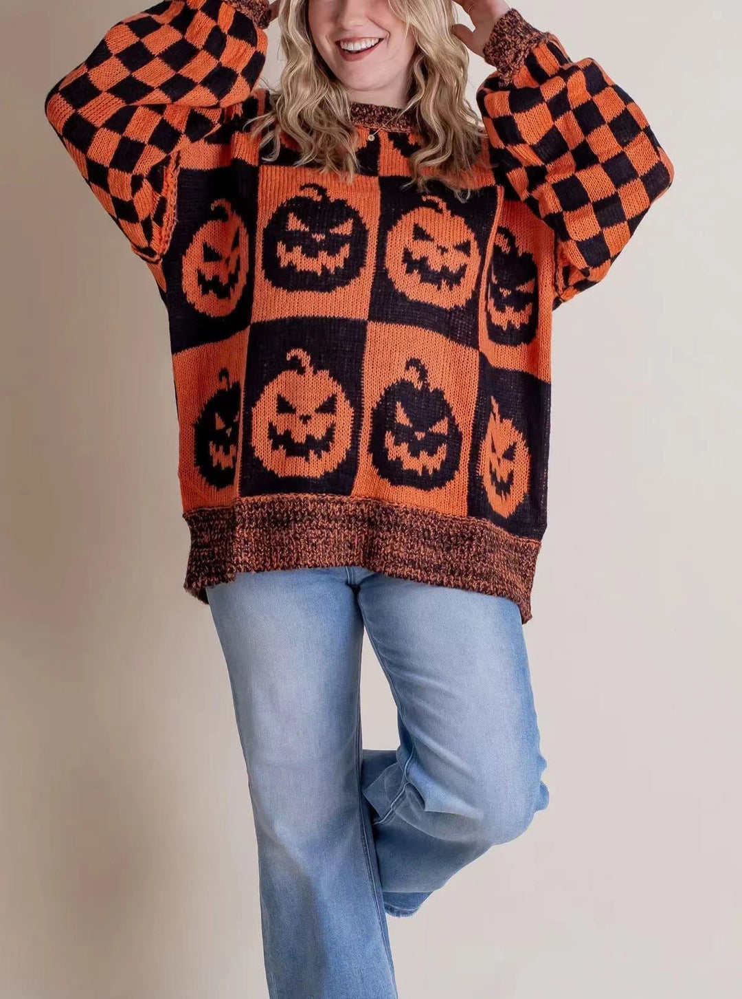 Halloween Jumper Womens Intarsia Knit Checkerboard Sleeves Oversized - image 5