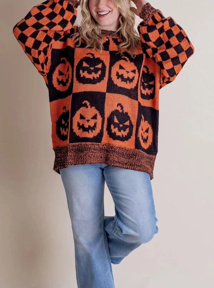 Halloween Jumper Womens Intarsia Knit Checkerboard Sleeves Oversized - image 5