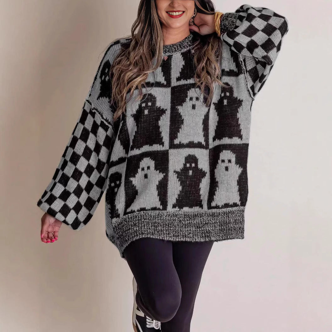 Halloween Jumper Womens Intarsia Knit Checkerboard Sleeves Oversized - image 6