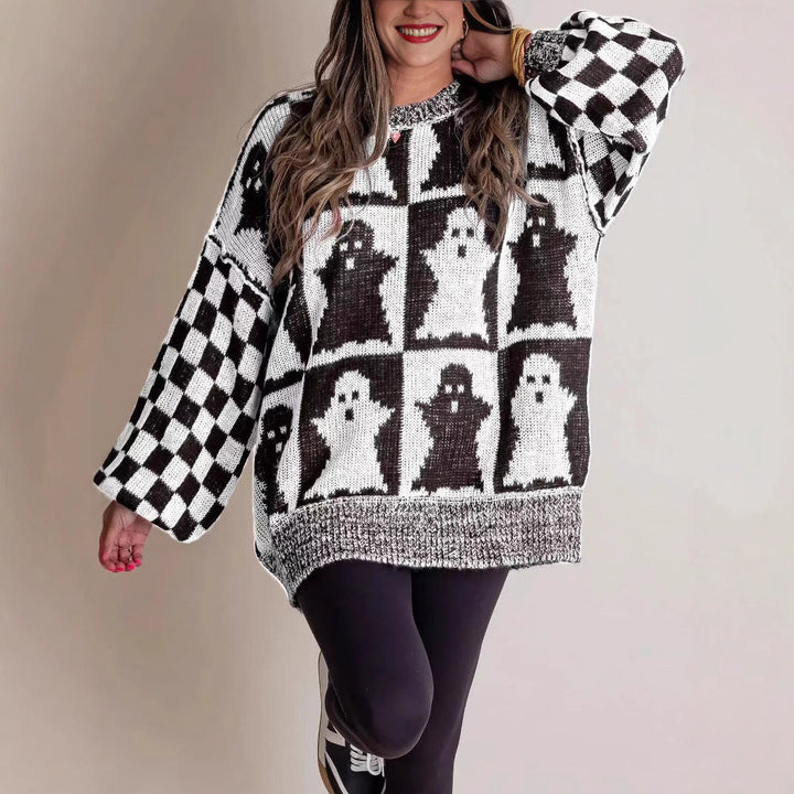 Halloween Jumper Womens Intarsia Knit Checkerboard Sleeves Oversized - image 7