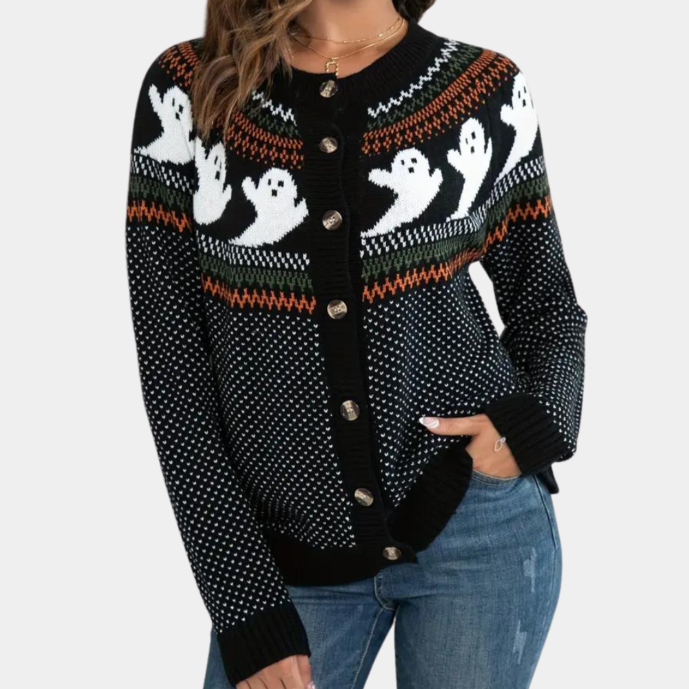Halloween Cardigan Womens Ghost Fair Isle Knit Button Front Crew Neck - image 1