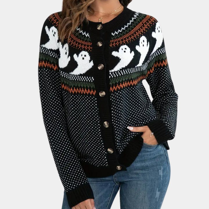 Halloween Cardigan Womens Ghost Fair Isle Knit Button Front Crew Neck - image 1