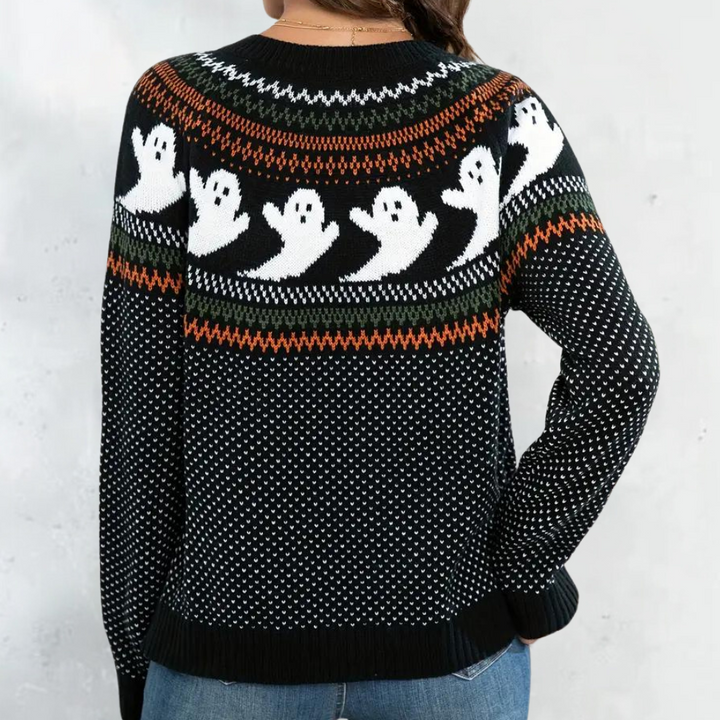 Halloween Cardigan Womens Ghost Fair Isle Knit Button Front Crew Neck - image 2