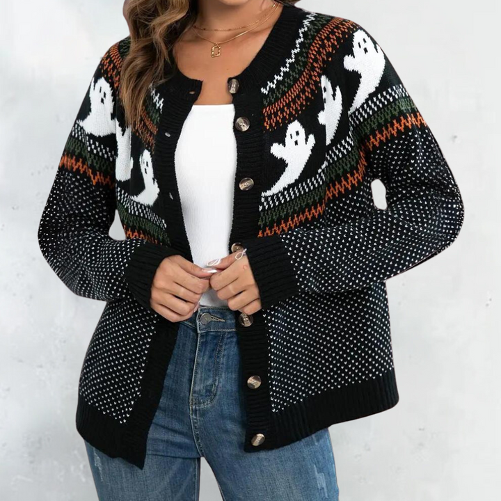 Halloween Cardigan Womens Ghost Fair Isle Knit Button Front Crew Neck - image 3