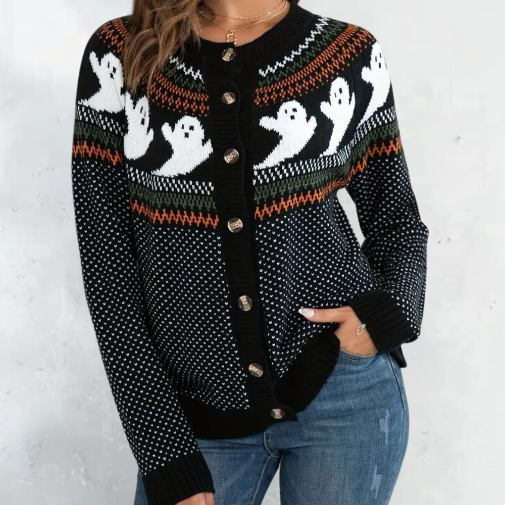 Halloween Cardigan Womens Ghost Fair Isle Knit Button Front Crew Neck - image 4
